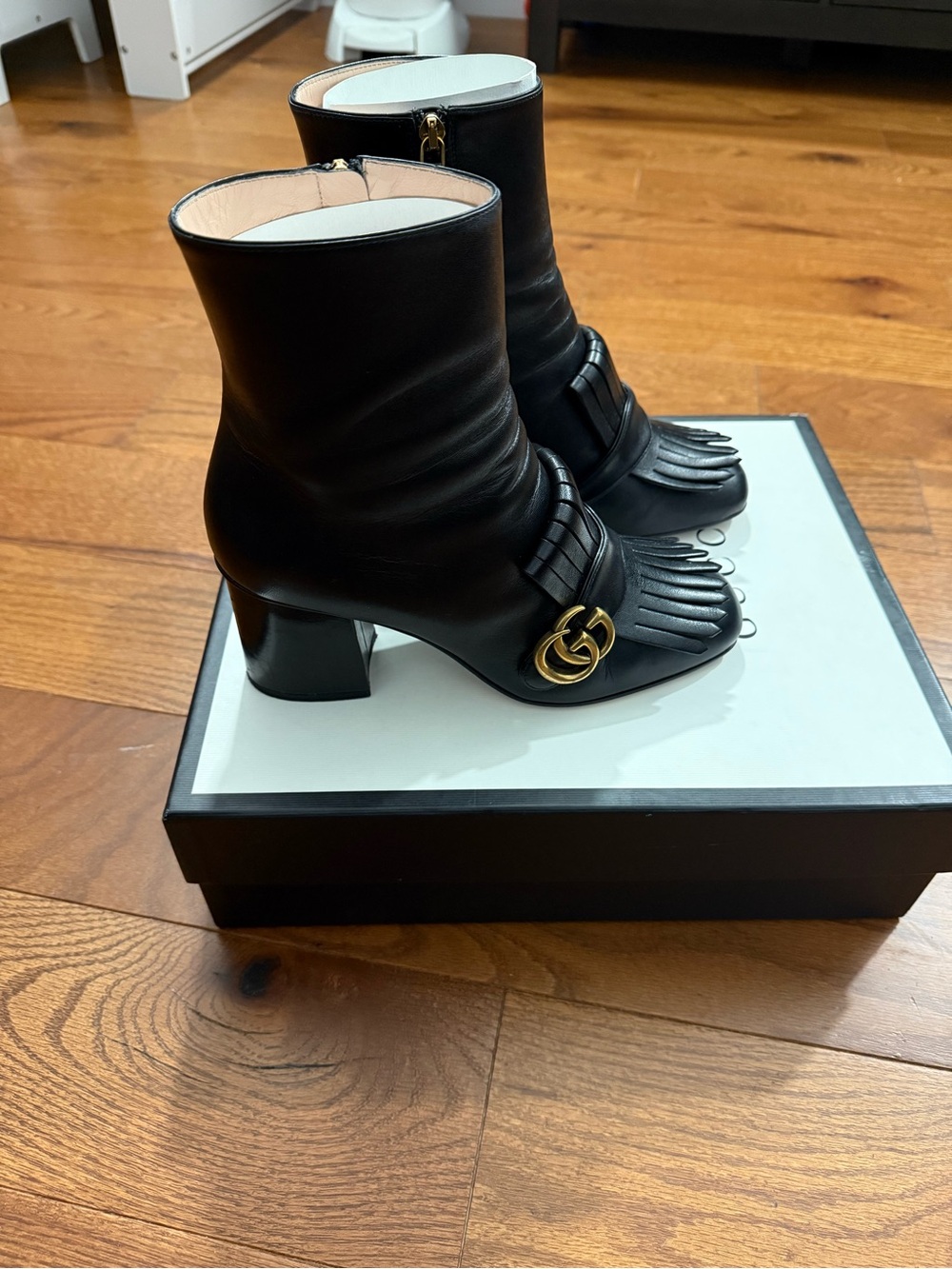 Gucci Black Leather Fringe Mid-Calf Boots with Gold Buckle - Picture 2 of 3